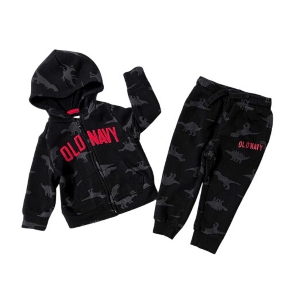 Old Navy Black Dinosaur Zip Up Hoodie Fleece LS‎ Jogger Pant Outfit 2T Matching